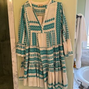 NWT handmade dress by brand Sofia, turquoise and cream print XS/S flowy dress